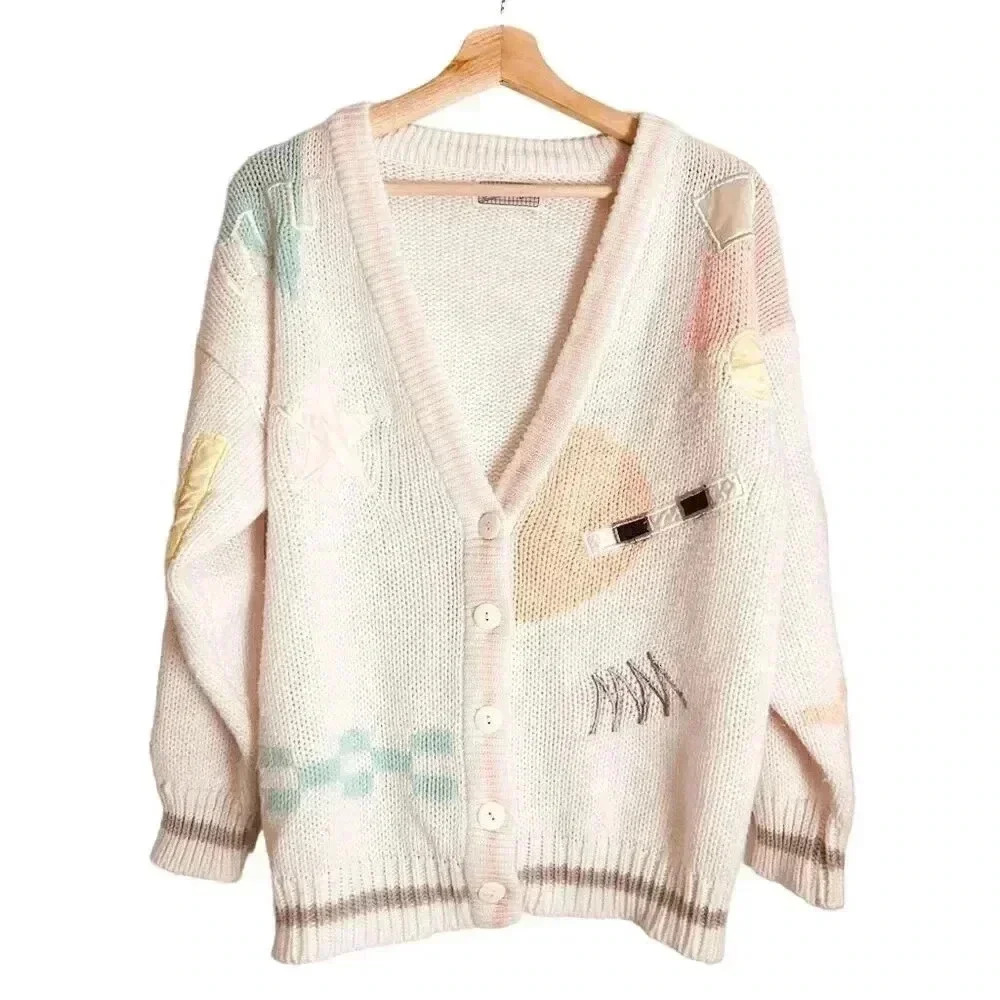 Vintage 90s Stefano Chunky Knit Cardigan Small Pastel Geometric Colorblock - Picture 1 of 8